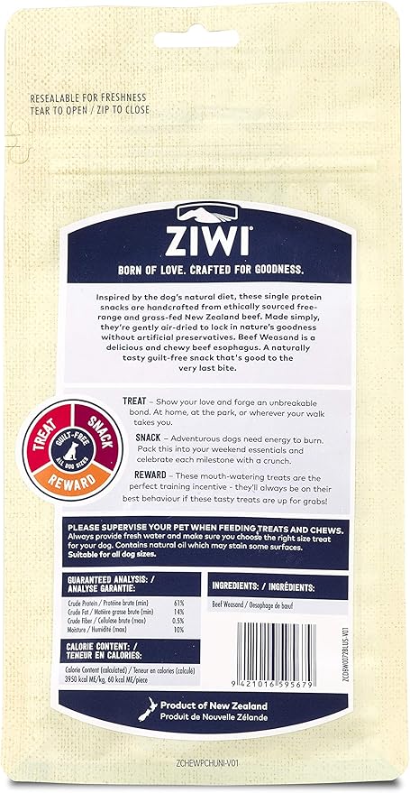 ZIWI Dog Chews Treats – All Natural, Air-Dried, Single Protein, Grain-free, High-Value Treat, Snack, Reward (Beef Weasand) 2.5 Ounce (Pack of 1)