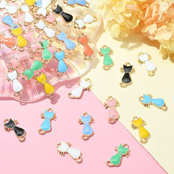 KitBeads 100pcs Random Cute Cat Charms Enamel Colorful Mini Pet Charms Alloy Cartoon Cat Charms for Jewelry Making Bracelets Necklace