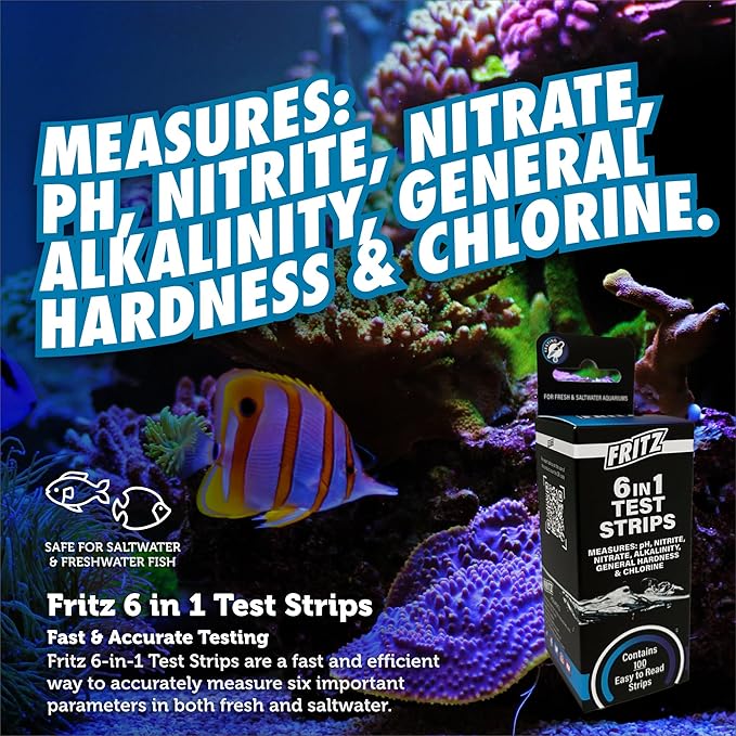 Fritz 6 in 1 Aquarium Test Strips - Monitor Nitrates, Nitrites, Water Hardness, Chlorine, Alkalinity and pH Level - 100 Count