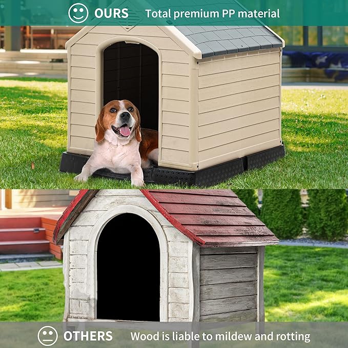 YITAHOME 34.5'' Large Plastic Dog House Outdoor Indoor Doghouse Puppy Shelter Water Resistant Easy Assembly Sturdy Dog Kennel with Air Vents and Elevated Floor (34.5''L*31''W*32''H, Gray+Brown)