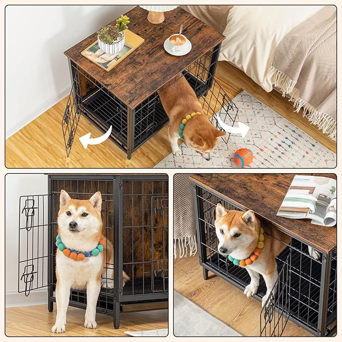 Dog Crate Furniture, Wooden Dog Kennel with Removable Tray, Heavy-Duty Dog Cage End Side Table, Indoor Dog House for Small/Medium/Large Dogs, 25.2" L, Rustic Brown DCHR0101Z