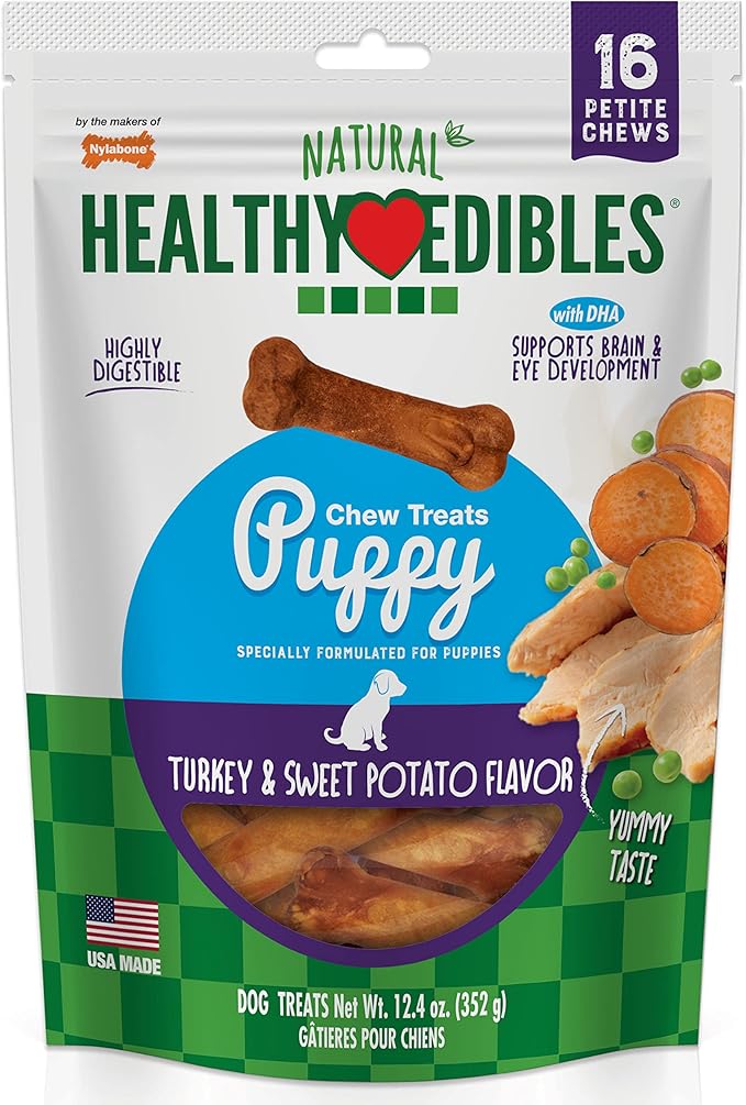 Nylabone Healthy Edibles Natural Puppy Chews Long Lasting Turkey & Sweet Potato Flavor Treats for Dogs, X-Small/Petite (16 Count)