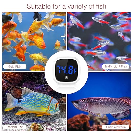 Digital Aquarium Thermometer, Stick-on Fish Tank Thermometer, Wireless Tank Temperature Sensor with LED Touch Screen, Battery, ℉, for Fresh Water, Tap Water, Marine Water