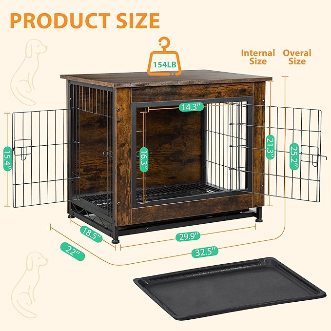 Shintenchi Wooden Dog Crate Furniture, Double-Doors Kennel Indoor with Removable Tray, End Table Dog Crate for Decoration, 32" L*22" W*25" H, Vintage Brown