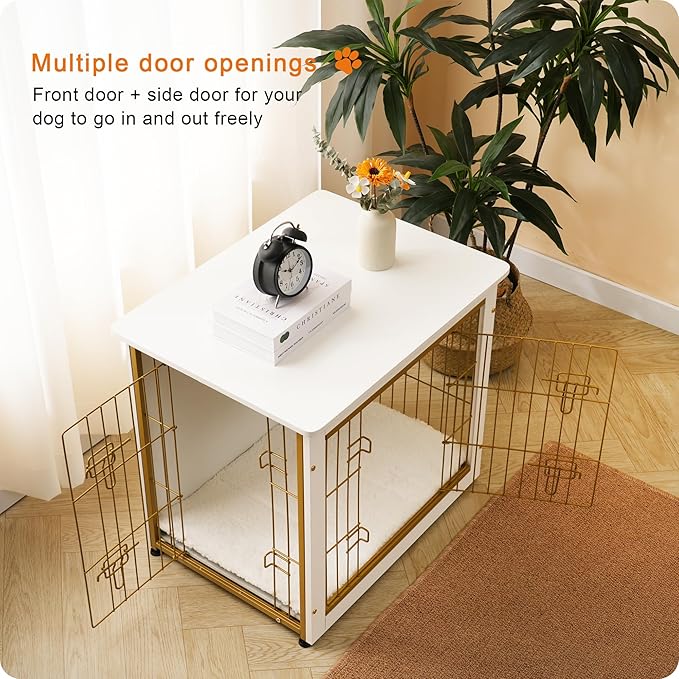 DWANTON Dog Crate Furniture with Cushion, Wooden Dog Crate with Double Doors, Dog Furniture, Dog Kennel Indoor for Small/Medium/Large Dog，End Table, Small, 27.2" L, White