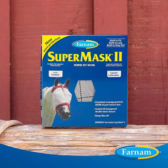 Farnam SuperMask II Fly Mask Without Ears for Smaller Horses or Arabian Horses,Full Face Coverage & Eye Protection from Insect Pests, Structured Classic Mesh with Plush Trim,Small Horse/Arabian Size