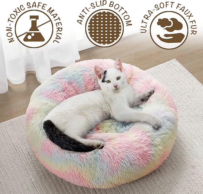 Friends Forever Donut Dog Bed Faux Fur Fluffy Calming Sofa For Medium Dogs, Soft & Plush Anti Anxiety Pet Couch For Dogs, Machine Washable Coco Pet Bed with Non-Slip Bottom, 30"x30"x7" Rainbow