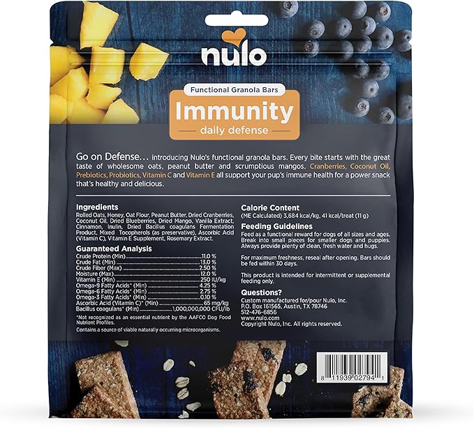 Nulo Functional Granola Bars, Healthy Dog Treats, Oven Baked, Made with Prebiotics and Probiotics, Contains No Added Salt, Sugar, or Molasses, 10 Ounce Bag