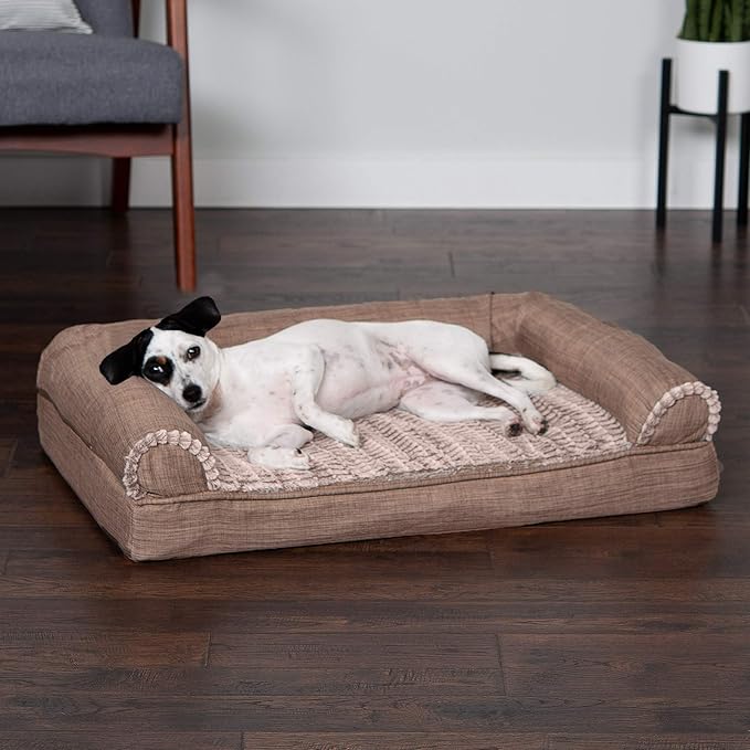 Furhaven Memory Foam Dog Bed for Medium/Small Dogs w/ Removable Bolsters & Washable Cover, For Dogs Up to 35 lbs - Luxe Faux Fur & Performance Linen Sofa - Woodsmoke, Medium
