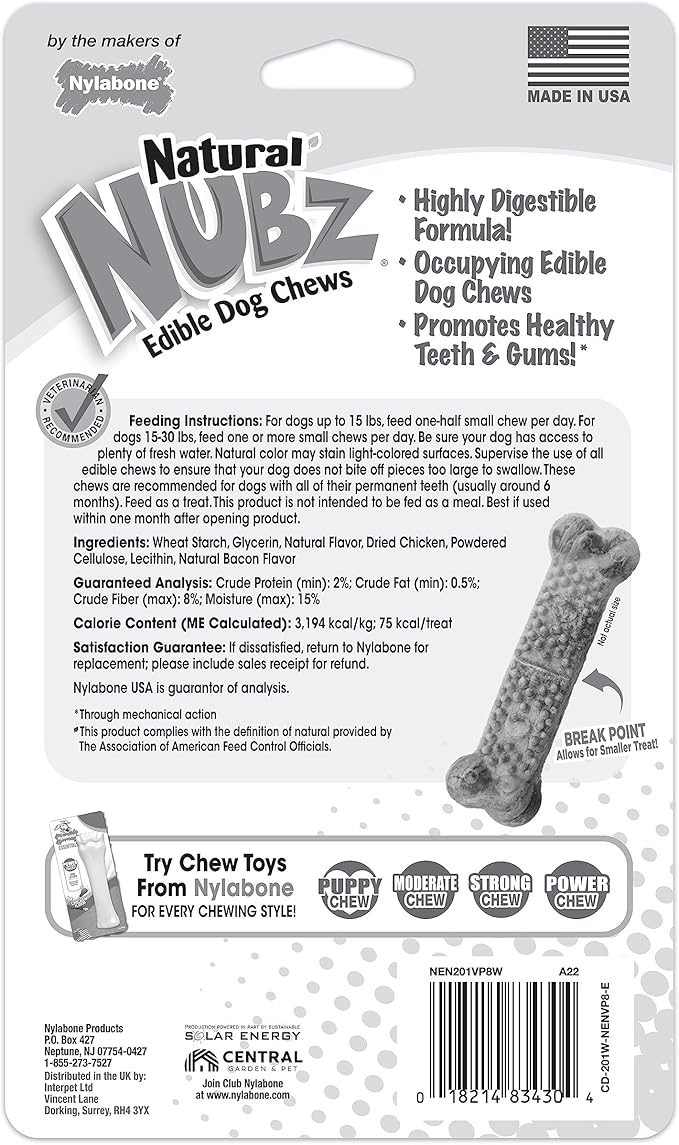 Nylabone Nubz Natural Edible Chew Treats for Dogs, Made in USA, Chicken Flavor, Small - Up to 25 lbs. (8 Count)