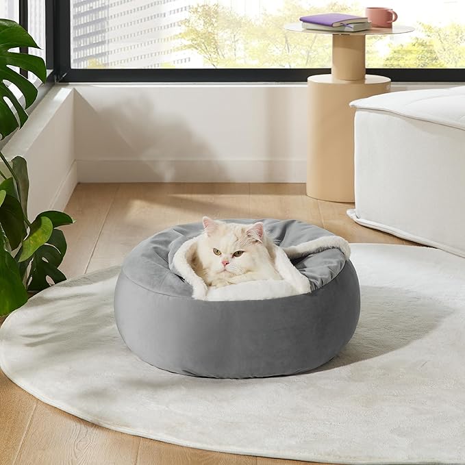 Lesure Cat Bed with Cover Cave - Covered Round Kitten Bed with Hooded Blanket, Machine Washable Burrow Pet Bed for Indoor Cats, Extra Small Cuddler Cozy Cave Puppy Bed with Anti-Slip Bottom, Grey 20"