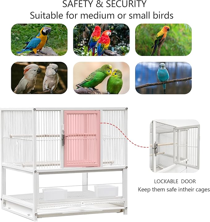 Parakeet Cage Wrought Iron Breeding Flight 30 Inch Height Wrought Iron Bird Cage with Rolling Stand for Conures Lovebirds Cockatiels Finches, White