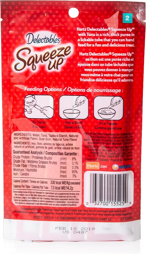 Hartz Delectables Squeeze Up Interactive Lickable Wet Cat Treats for Adult & Senior Cats, Tuna, 32 Count (Pack of 2)