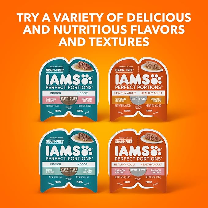 IAMS Perfect Portions Indoor Wet Cat Food with Salmon and Tuna Recipe Variety Pack, Easy Peel Twin-Pack Trays, Pack of 12 (24 Total Servings)