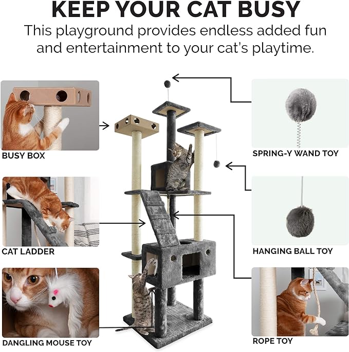 Furhaven 69.3" Tall Cat Tree for Indoor Cats, Ft. Sisal Scratching Posts, 2x Cat Condos, & Toys - Tiger Tough Double Decker Interactive Playground Tower - Silver Gray, One Size