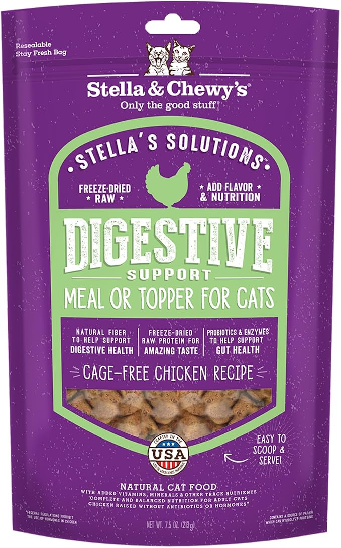 Stella & Chewy's – Stella’s Solutions Digestive Boost – Cage-Free Chicken Dinner Mixer – Freeze-Dried Raw, Protein Rich, Grain Free Cat Food – 7.5 oz Bag