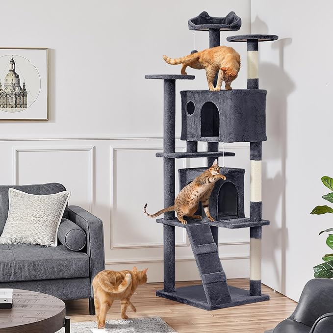 Yaheetech XL Cat Tree, 80in Multi-Level Cat Tower with Cat Scratching Posts, Double Cat Caves, Perched Platforms and Dangling Balls, Cat Stand House for Kittens Pet, Dark Gray