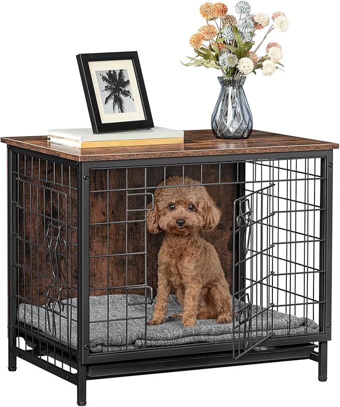 Dog Crate Furniture, Wooden Dog Kennel with Removable Tray, Heavy-Duty Dog Cage End Side Table, Indoor Dog House for Small/Medium/Large Dogs, 25.2" L, Rustic Brown DCHR0101Z