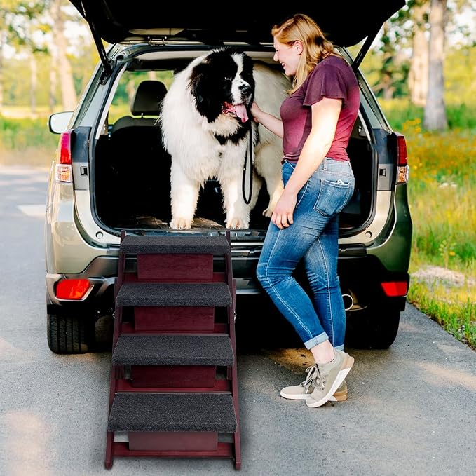 Wooden Dog Stairs/Steps - Foldable 4 steps Dog Steps for High Bed Couch Cars, Non-Slip Pet Stairs for Small Large Medium Dogs and Cats, No Assembly Required