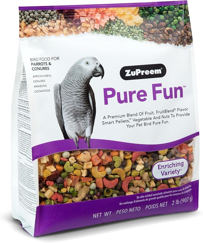 ZuPreem Pure Fun Bird Food for Parrots & Conures, 2 lb - Blend of Fruit, FruitBlend Pellets, Vegetables, Nuts for African Greys, Senegals, Amazons, Eclectus, Small Cockatoos