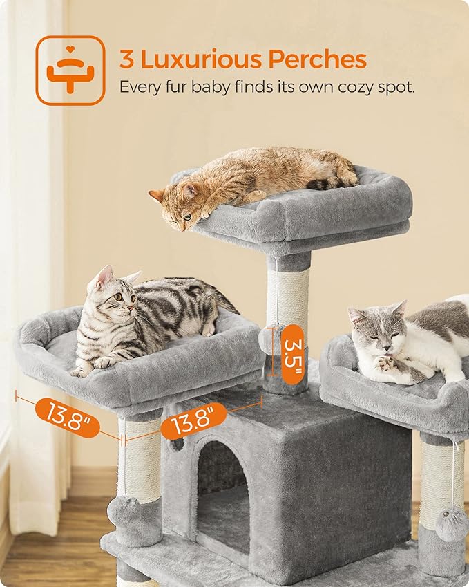 FEANDREA 67-Inch Multi-Level Cat Tree for Large Cats, with Cozy Perches, Stable, Light Gray UPCT18W