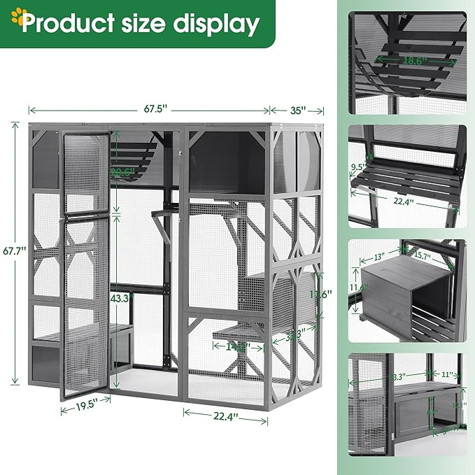 68 Inch Wooden Catio Outdoor Cat Enclosure w/Napping Houses, Luxury Kitty-House with Jumping Platforms & Weatherproof Asphalt Roof, Walk-in Kitty Kennel Condo Shelter