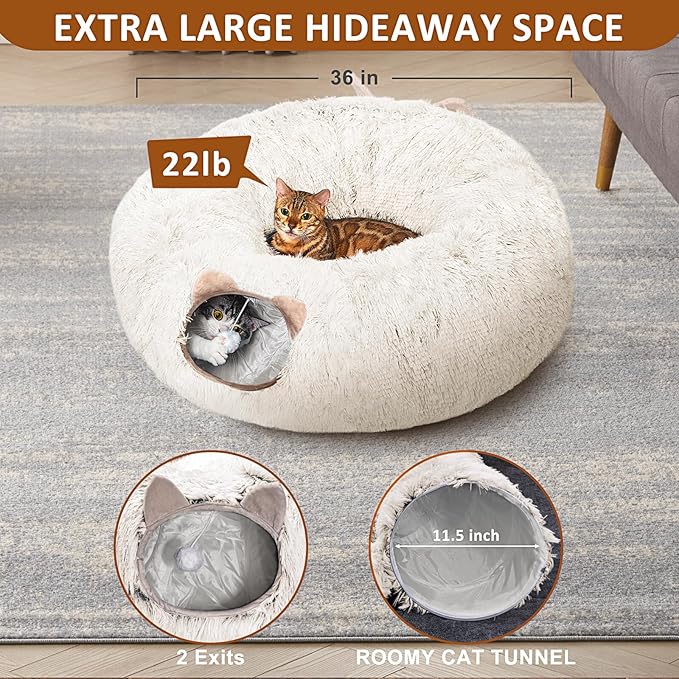 Cat Tunnel with Cat Bed for Indoor Cats, Soft Plush Peekaboo Cat Cave Donut Tunnel, Multifunctional Cat Playground Toys Hideplace for Small Medium Large Cats, Kittens, Rabbit, Ferret (Cream White)