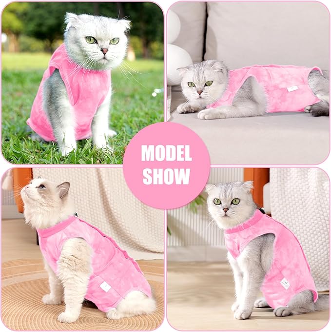 Cat Recovery Suit for Male and Female Surgical Post Surgery Soft Cone Onesie Tie Dye Cats Shirt Clothes Neuter Licking Protective Diapers Outfit Cover Kitten Spay Collar Alternative(Pink, L)