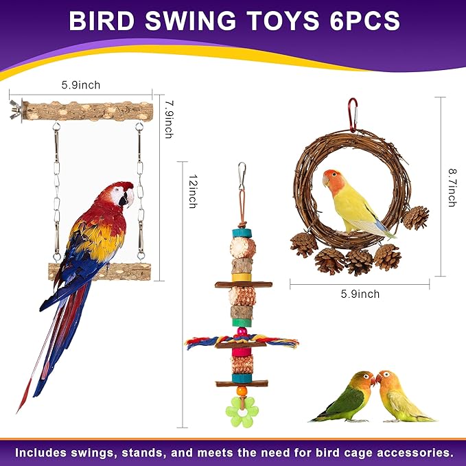 Bird Swing Parakeet Chewing Toys 6PCS - Parrot Cage Accessories Stuff, Natural Wooden Foraging Chew Toys for Budgerigars, Conure, Cockatiel, Finch, Lovebirds, Perches for Medium, Small Birds