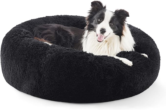 Bedsure Calming Dog Bed for Large Dogs - Donut Washable Large Pet Bed, 36 inches Anti-Slip Round Fluffy Plush Faux Fur Dog Bed, Fits up to 100 lbs Pets, Black