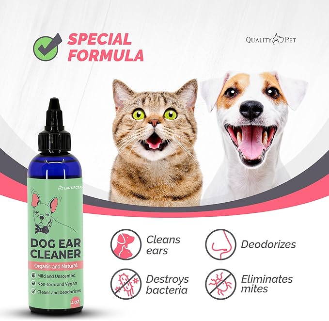 Dog Ear Cleaner Solution - Organic & Natural Ear Cleaning Drops with Aloe, Vitamin E, Coconut Oil & Witch Hazel for Cats and Dogs - Pet Ear Wash, Rinse & Cleanser to Relieve Itchy Ears