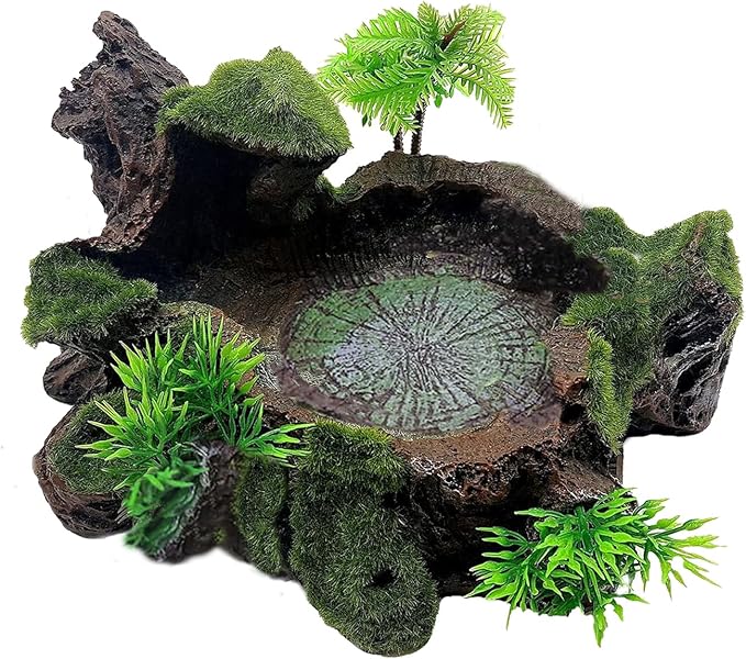 Reptile Feeding Bowl Resin Turtle Food Water Dish Terrarium Tank Decor with Artificial Plants for Lizard Gecko Chameleon Frog Spider