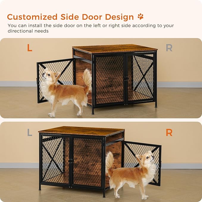 DWANTON Dog Crate Furniture, 25" L Three-Door Wooden Dog Kennel Indoor, Connectable expansion, Wooden Dog Crate Table for Small/Medium/Large Dog, Dog House, Dog Cage Large, Rustic Brown