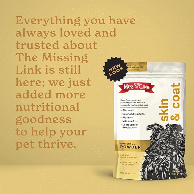 The Missing Link Skin & Coat Probiotics Superfood Supplement Powder for Dogs - Omegas 3 & 6, Fiber, Vitamin-E, Biotin - Supports Healthy Skin & Glossy Coat, Promotes Hair Growth - 1lb