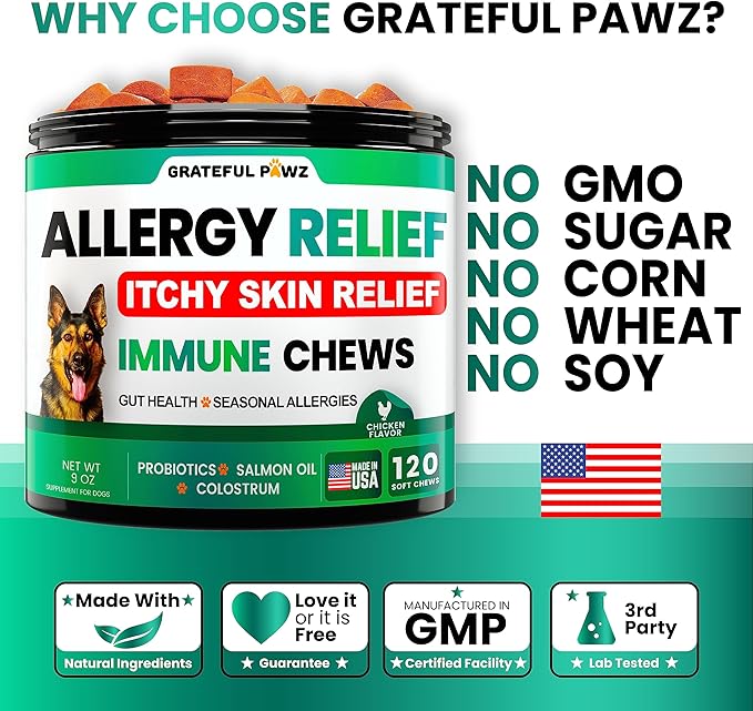 Dog Allergy Relief Chews - Dog Itch Relief - Probiotics, Omega 3 Fish Oil + Colostrum - Itchy Skin Relief - Seasonal Allergies - Anti Itch Support & Hot Spots - Immune Health Supplement - Made in USA