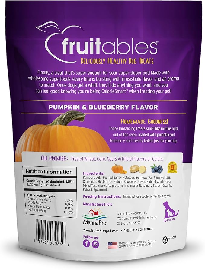 Fruitables Baked Dog Treats – Healthy Low Calorie , Free of Wheat, Corn and Soy – Pumpkin and Blueberry – 12 Ounces