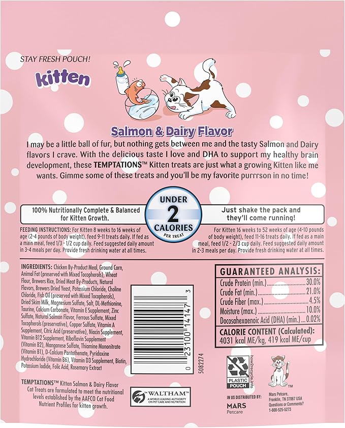 Temptations Kitten Treats, Salmon & Dairy, Crunchy and Soft Treat, 6.3 oz. (Pack of 10)