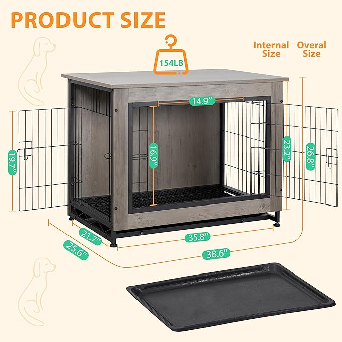 Shintenchi Wooden Dog Crate Furniture for Large Dog, L Double-Door Kennel Indoor with Removable Tray, End Table L Dog Crate for Decoration, 38" L*25" W*26" H, Grey