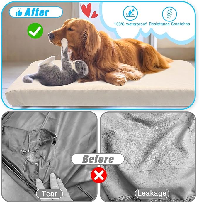 Dog Bed Covers Replacement Washable X-Large, 100% Waterproof Dog Bed Cover Soft Noiseless Dog Bed Sheets 50% Increase durability, Beige 2 Pack 44 x 35 inch