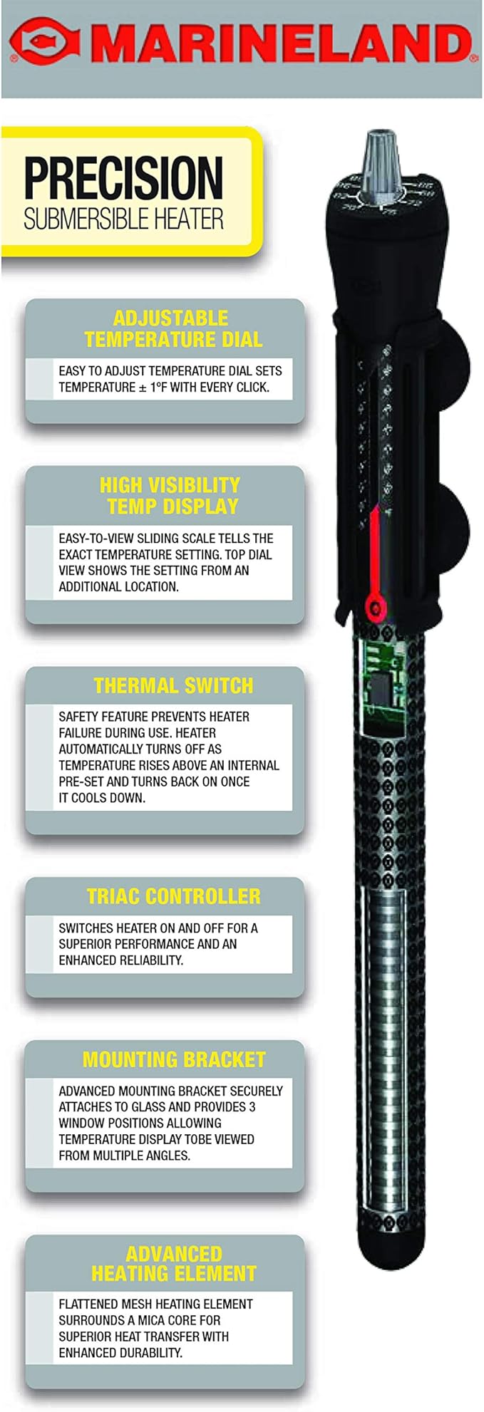 Marineland Precision Submersible Heater, for Freshwater or Saltwater Aquariums, 250-watt