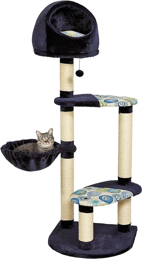 MidWest Homes for Pets Cat Tree Resort, 4-Tier Sisal Wrapped Cat Scratching Post, Blue/White Pattern, 24.75L x 37.25W x 60H Inches