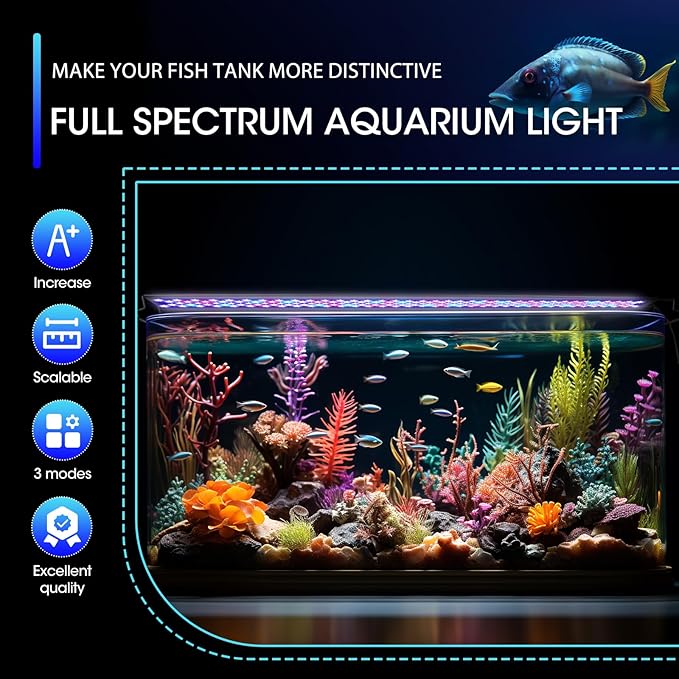 Zingbabu Fish Tank Lights, 40W RGBW Full Spectrum Aquarium Lights with Timer and Color Lights Modes, Adjustable Brightness Fish Lamp and Extendable Bracket for 48-55 Inch Aquarium