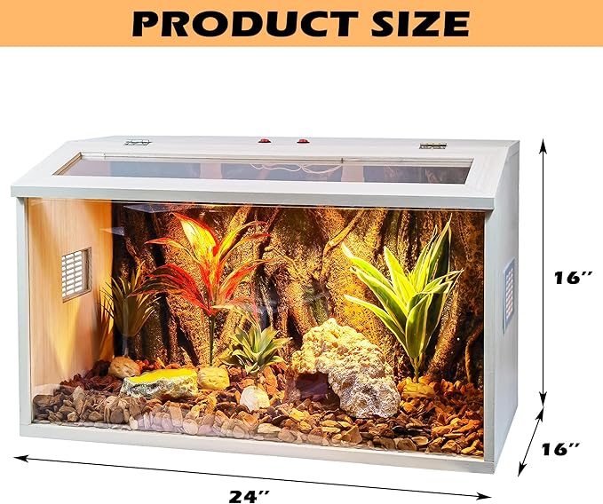 Reptile Terrarium, Lizard Tank Up to 68 Gallons, Bearded Dragon Tank with Roof Door, Snake Tank with Built-in Lamp Fixture and Switch (21 Gallon, 24" Long, Openable Wood Roof)