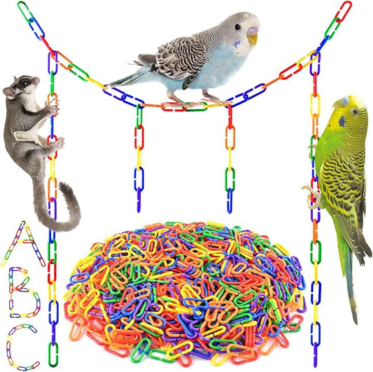 Bissap Plastic Chain Links Birds 650pcs, Mix Color Rainbow DIY C-Clips Chains Hooks Swing Climbing Cage Toys for Sugar Glider Rat Parrot Bird, Children's Learning Toy ﻿