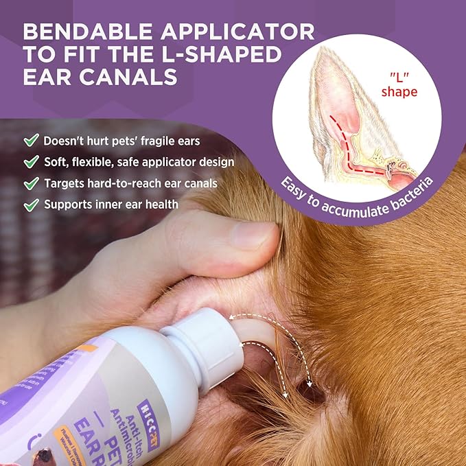 HICC PET Dog Ear Cleaner - Dog Ear Inflammation Therapy with 0.012% Hypochlorous Acid for Itch Relief, Soothe Ear Inflammation, Removes Wax, Odor, with 30 Cotton Swabs, 4 Fl oz