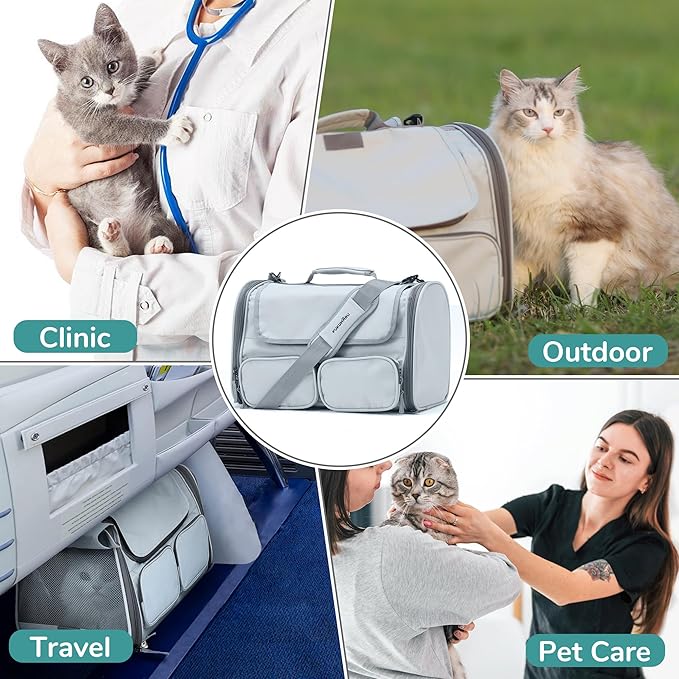 FUKUMARU Cat Carrier, Soft-Sided Pet Carriers for Small Dogs and Medium Cats Under 12lb, Airline Approved Travel Cat Bag with Double-sided Cushion and 4 Storage Bags, Portable and Washable，Grey S