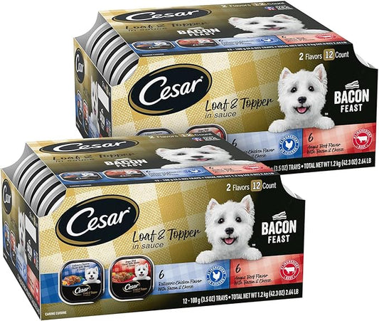 CESAR Adult Wet Dog Food Loaf & Topper in Sauce Bacon Feast Variety Pack, 3.5 oz. Easy Peel Trays, Pack of 24