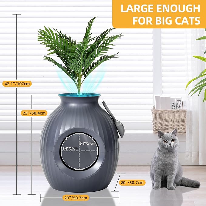 YITAHOME Smart Plant Litter Box with Odor Control & Sterilization System, Hidden Cat Litter Box Plant Furniturewith Led Light for Cats, Includes Scoop, Stones, Artificial Plants, Grey & Green