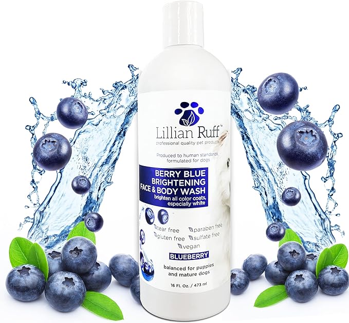 Lillian Ruff Berry Blue Brightening Face and Body Wash for Dogs - Blueberry Shampoo - Remove Tear Stains, Hydrate Dry Itchy Skin, Add Shine & Luster to Coats (Berry Blue Shampoo 16oz)