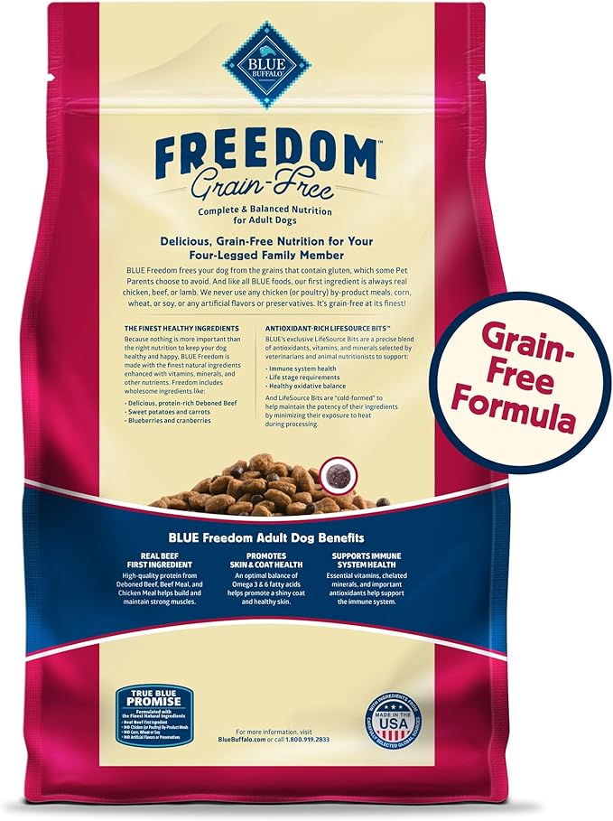 Blue Buffalo Freedom Grain-Free Dry Dog Food, Complete & Balanced Nutrition for Adult Dogs, Made in the USA With Natural Ingredients, Beef & Potatoes, 24-lb. Bag